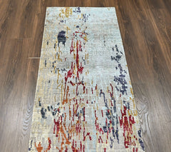 Blue, Beige 2'5''x9'8'' Tibetan Sherpa Hand Knotted Wool Oriental Area Rug