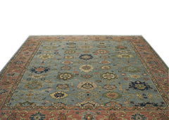 12x15 Blue, Peach, Lime Color Hand Knotted Oushak Wool Arts and Crafts Oriental Rug