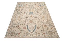 LoomBloom Beige 9'x12' Traditional Distressed Quality Hand Knotted Wool Oriental Area Rug