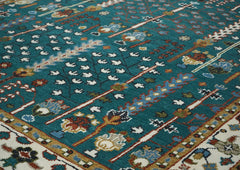 9x12 Turquoise, Ivory, Burnt Orange Color Hand Knotted Oushak Wool Transitional Oriental Rug