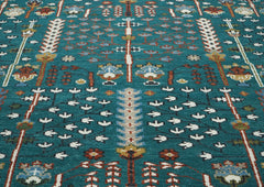 9x12 Turquoise, Ivory, Burnt Orange Color Hand Knotted Oushak Wool Transitional Oriental Rug