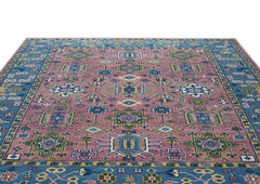 9x12 Pink, Blue, Ivory Color Hand Knotted Oushak Wool Arts and Crafts Oriental Rug