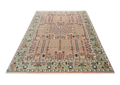 10x14 Rose, Mint, Brown Color Hand Knotted Oushak Wool Transitional Oriental Rug