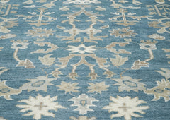9x12 Blue, Tan, Ivory Color Hand Knotted Oushak Wool Transitional Oriental Rug