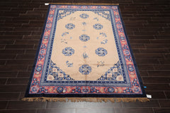 6x9 Beige, Navy, Rose Color Hand Knotted All-Over 100% Wool Traditional-Persian/Oriental Oriental Rug