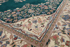 7x9 Emerald, Green, Ivory Color Hand Knotted Tabriz Wool Traditional Oriental Rug