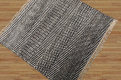 Tibetan 2'x2' Ivory Wool and Bamboo Silk Modern Oriental Area Rug