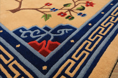 4x6 Tan, Navy, Coral Color Hand Knotted Tibetan Wool Chinese Art Deco Oriental Rug