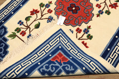 4x6 Ivory, Navy, Green Color Hand Knotted Tibetan Art Deco Wool Traditional Oriental Rug