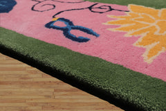 9x12 Green Bubblegum Pink Navy Color Hand Tufted Pictorial New Zealand Wool Transitional Oriental Rug