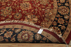 Round Red, Midnight Blue, Aqua Color Hand Knotted Agra Wool Traditional Oriental Rug
