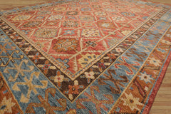10x14 Burnt Orange Aqua Brown Color Hand Knotted Geometric Wool Transitional Oriental Rug