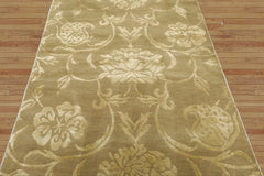 Botanical Hand Knotted Tibetan Runner Green Wool and Silk Transitional Rug 2'11"x11'10"