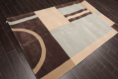 5x7 Brown, Beige, Light Blue Color Hand Tufted Geometric 100% Wool Modern Oriental Rug
