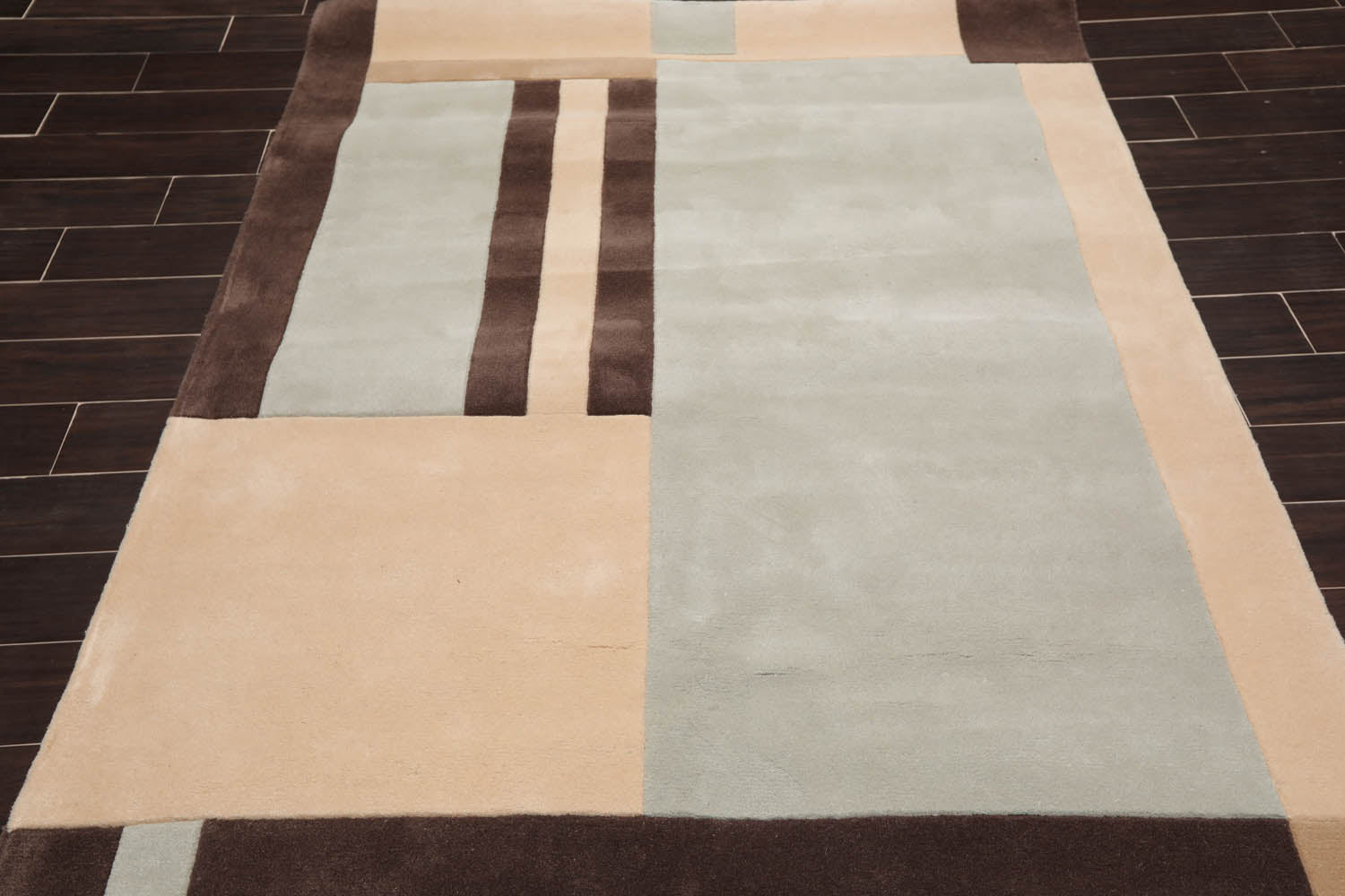 5x7 Brown, Beige, Light Blue Color Hand Tufted Geometric 100% Wool Modern Oriental Rug