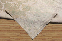 9'10'' x 13'5" Beige Hand Knotted Wool and Silk Contemporary Damask Oriental Area Rug