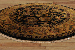 8' Round Black, Gold, Maroon Color Hand Knotted Agra Wool Traditional Oriental Rug