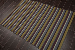 4x6 Blue, Mustard, Purple Color Machine Made Striped 100% Wool Contemporary Oriental Rug
