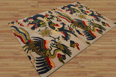 Multi Size Cream Teal Lime Color Hand Tufted Pictorial Wool Transitional Oriental Rug