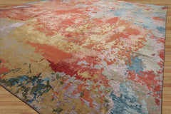 9x12 Teracotta, Peach, Aqua Color Hand Knotted Sherpa Wool and Silk Modern Oriental Rug