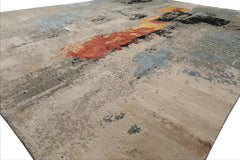 8x10 Beige, Gray, Celadon Color Hand Knotted Sherpa Wool and Silk Modern Oriental Rug