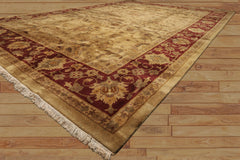 10x14 Light Gold, Maroon, Sage Color Hand Knotted Agra Wool Traditional Oriental Rug