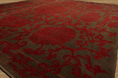Square Brown, Coral, Color Hand Knotted Floral Wool Transitional Oriental Rug