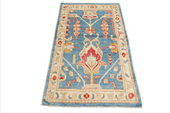 LoomBloom Blue 3'x5' Turkish Oushak Traditional All-Over Hand Knotted Wool Oriental Area Rug