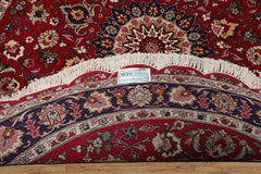 Round Burgundy, Navy, Ivory Color Hand Knotted Tabriz Round Wool Traditional Oriental Rug