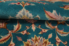 Round Turquoise, Rose, Beige Color Hand Knotted Tabriz Round Wool & Silk Traditional Oriental Rug