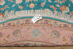 Round Turquoise, Rose, Beige Color Hand Knotted Tabriz Round Wool & Silk Traditional Oriental Rug