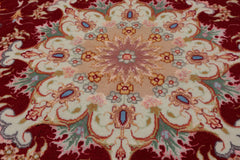 Round Red, Ivory, Peach Color Hand Knotted Tabriz Round Wool& Silk Traditional Oriental Rug