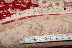 Round Red, Ivory, Peach Color Hand Knotted Tabriz Round Wool& Silk Traditional Oriental Rug