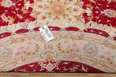Round Red, Ivory, Blue Color Hand Knotted Tabriz Round Wool& Silk Traditional Oriental Rug