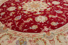 Round Red, Ivory, Blue Color Hand Knotted Tabriz Round Wool& Silk Traditional Oriental Rug