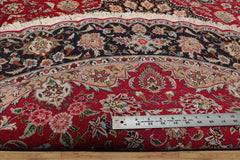 Round Fuschia, Midnight Blue, Ivory Color Hand Knotted Tabriz Round Wool & Silk Traditional Oriental Rug
