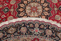 Round Fuschia, Midnight Blue, Ivory Color Hand Knotted Tabriz Round Wool & Silk Traditional Oriental Rug