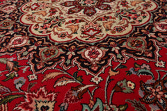 Round Red, Black, Ivory Color Hand Knotted Tabriz Round Wool & Silk Traditional Oriental Rug