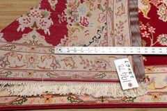 Runner Red, Ivory, Rose Color Hand Knotted Tabriz Wool & Silk Traditional Oriental Rug