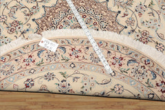Round Ivory, Tan, Rose Color Hand Knotted Nain Round Wool & Silk Traditional Oriental Rug