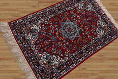 2x3 Red, Navy, Ivory Color Hand Knotted Isfahan Wool & Silk Traditional Oriental Rug