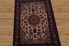 2x3 Beige, Navy, Red Color Hand Knotted Isfahan Wool & Silk Traditional Oriental Rug