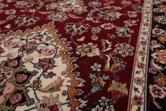 Runner Burgundy, Black, Ivory Color Hand Knotted Tabriz Wool & Silk Traditional Oriental Rug