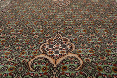 Runner Green, Ivory, Taupe Color Hand Knotted Tabriz Wool & Silk Traditional Oriental Rug