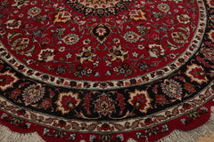 Round Burgundy, Black, Ivory Color Hand Knotted Tabriz Round Wool & Silk Traditional Oriental Rug