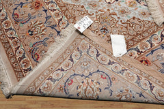 8x10 Ivory, Taupe, Navy Color Hand Knotted Isfahan Wool & Silk Traditional Oriental Rug