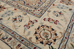 6x9 Ivory, Tan, Navy Color Hand Knotted Nain Wool & Silk Traditional Oriental Rug