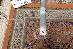 7x10 Caramel, Ivory, Green Color Hand Knotted Qum All Silk Silk Traditional Oriental Rug