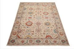8x10 Beige, Rose, Gray Color Hand Knotted Distressed Wool Traditional Oriental Rug