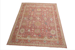 8x10 Rose, Beige, Mint Color Hand Knotted Distressed Wool Traditional Oriental Rug